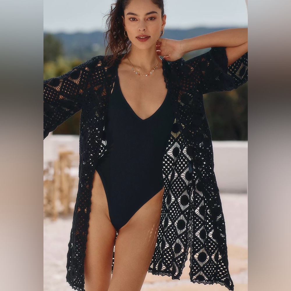 Anthropologie Cotton Fauxchet Robe Crochet Boho Duster Shawl Black Festival Sz M